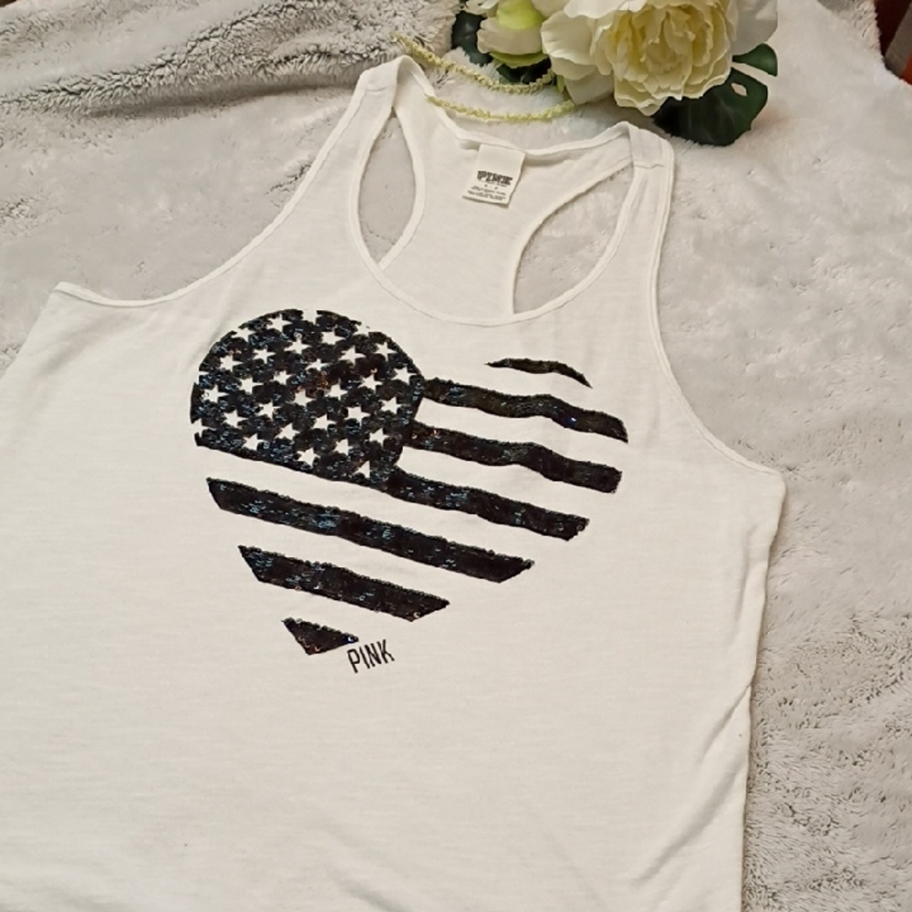 🖤 PINK Victoria's Secret White Tank Top Sequin Size Small